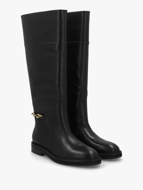 Edith Black Leather Knee High Riding Boots