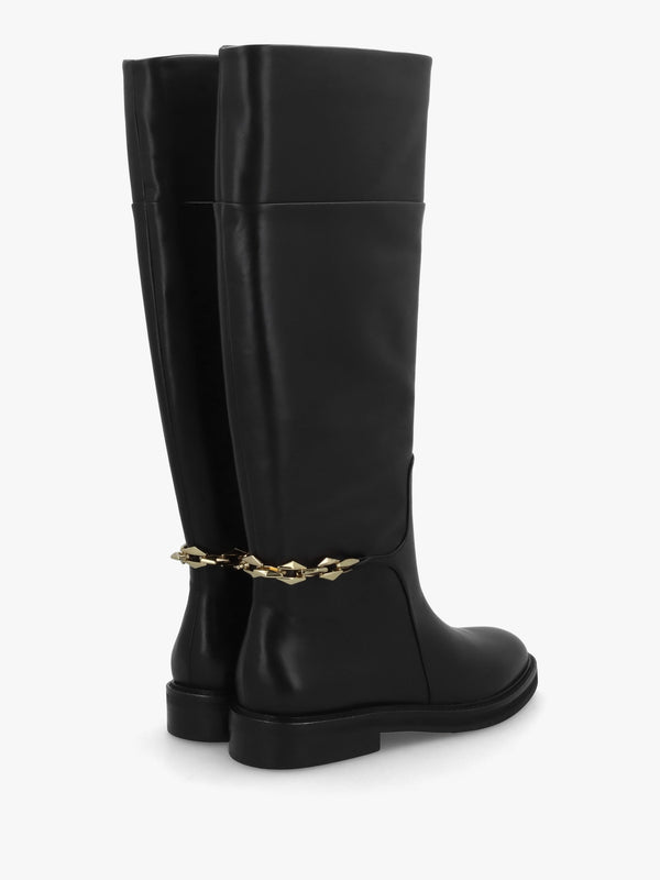 Edith Black Leather Knee High Riding Boots