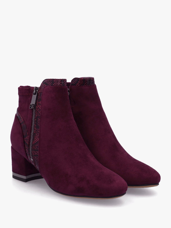 Pesar Burgundy Snake Trim Block Heel Ankle Boots