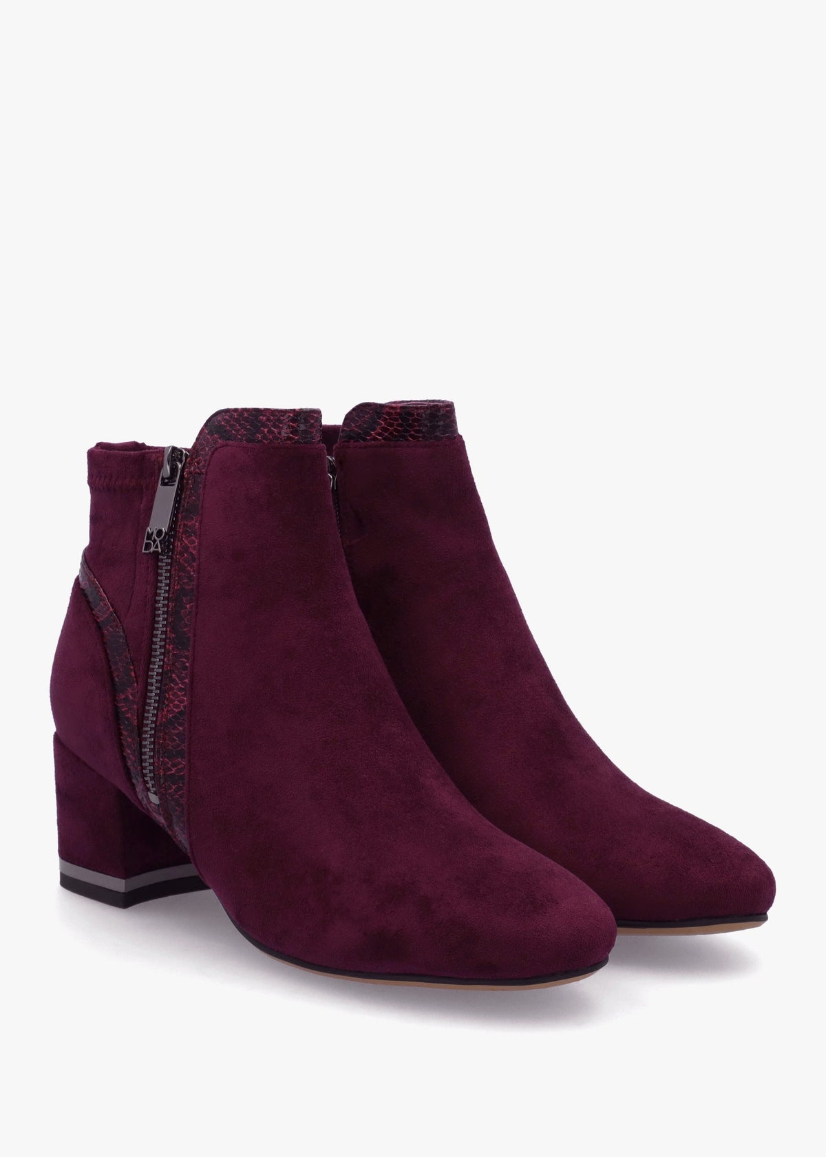 Pesar Burgundy Snake Trim Block Heel Ankle Boots