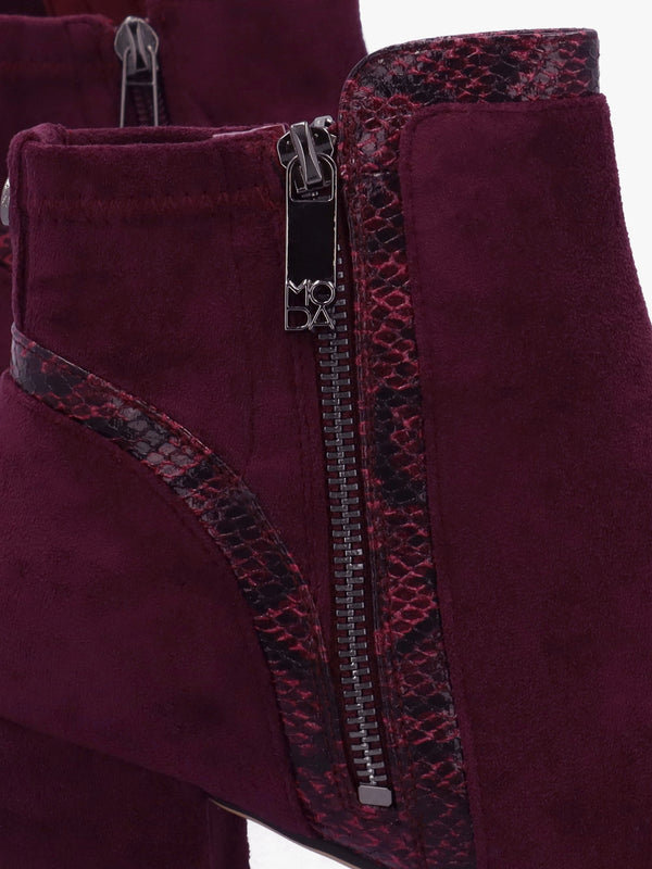 Pesar Burgundy Snake Trim Block Heel Ankle Boots