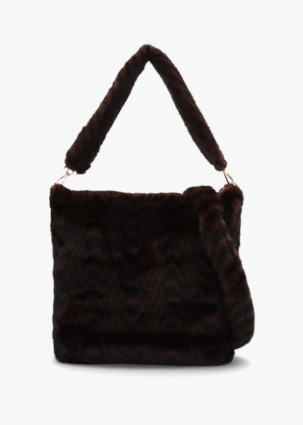 Large Furry Black & Brown Swirl Faux Fur Shoulder Bag