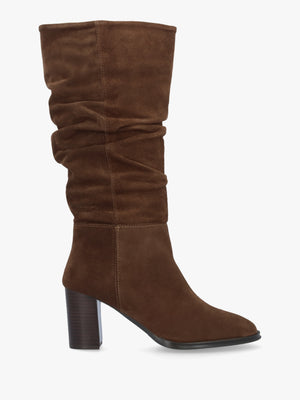 Alysee Brown Suede Rouched Block Heel Calf Boots