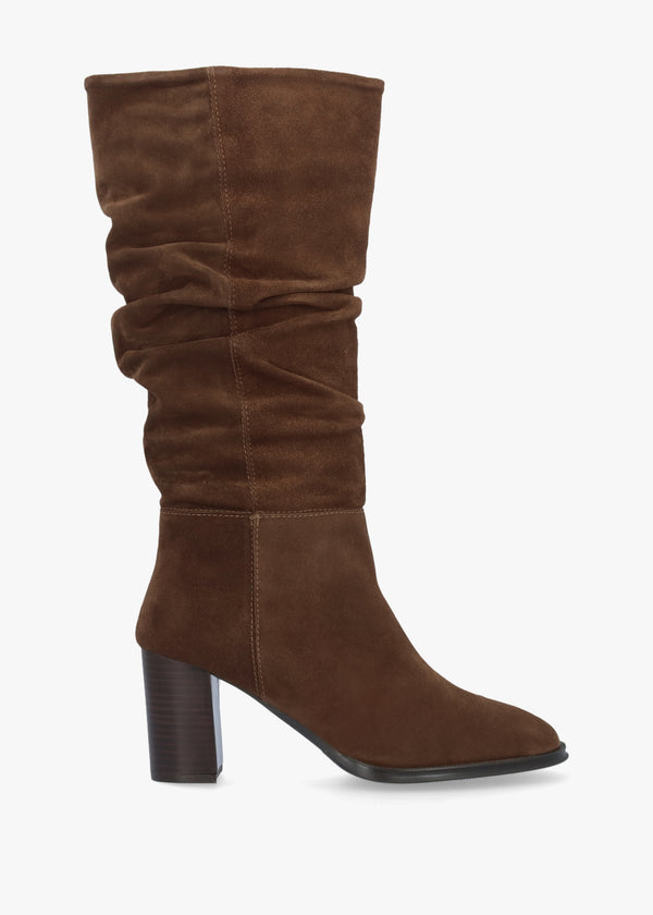 Alysee Brown Suede Rouched Block Heel Calf Boots