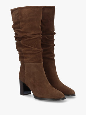 Alysee Brown Suede Rouched Block Heel Calf Boots