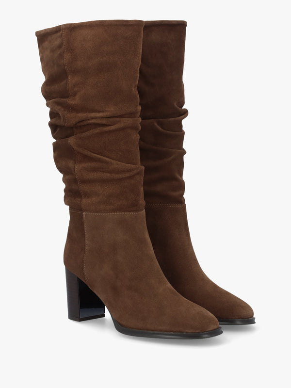 Alysee Brown Suede Rouched Block Heel Calf Boots