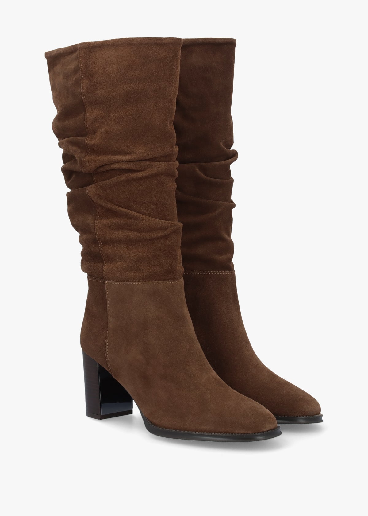 Alysee Brown Suede Rouched Block Heel Calf Boots