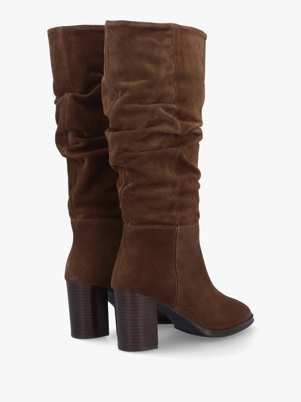 Alysee Brown Suede Rouched Block Heel Calf Boots