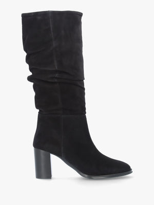 Alysee Black Suede Rouched Block Heel Calf Boots