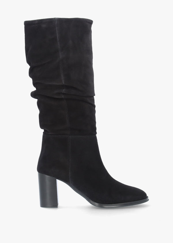 Alysee Black Suede Rouched Block Heel Calf Boots