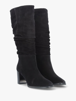 Alysee Black Suede Rouched Block Heel Calf Boots