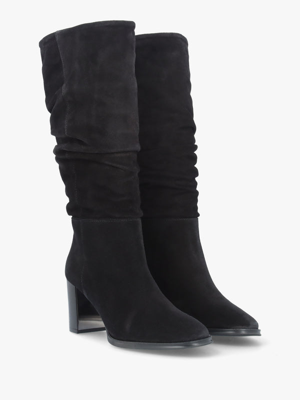 Alysee Black Suede Rouched Block Heel Calf Boots