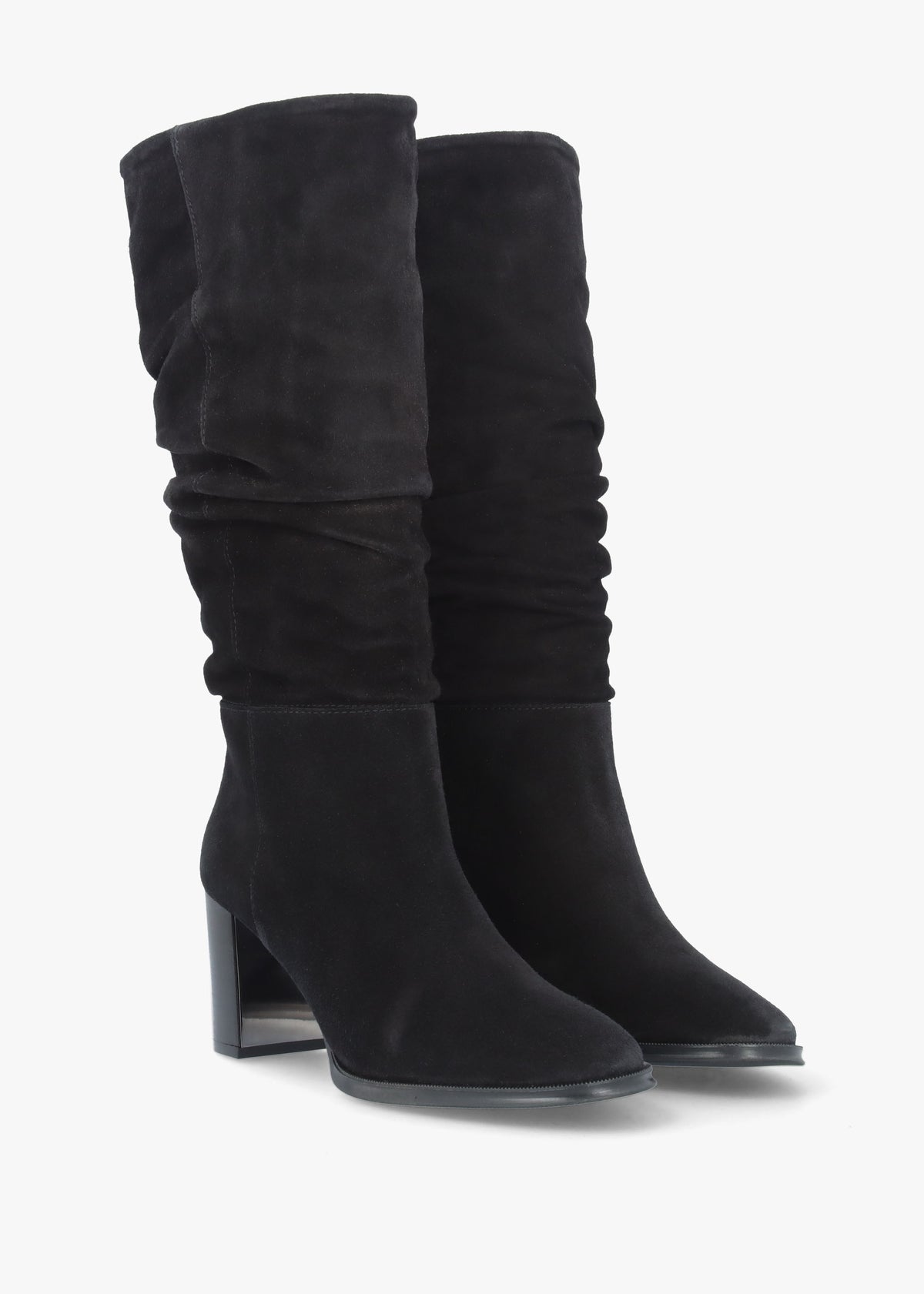 Alysee Black Suede Rouched Block Heel Calf Boots