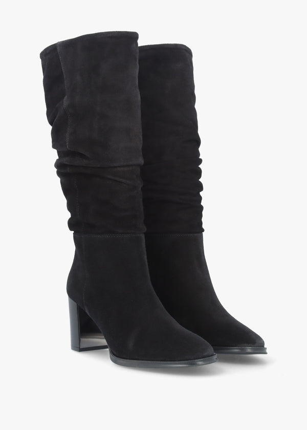 Alysee Black Suede Rouched Block Heel Calf Boots