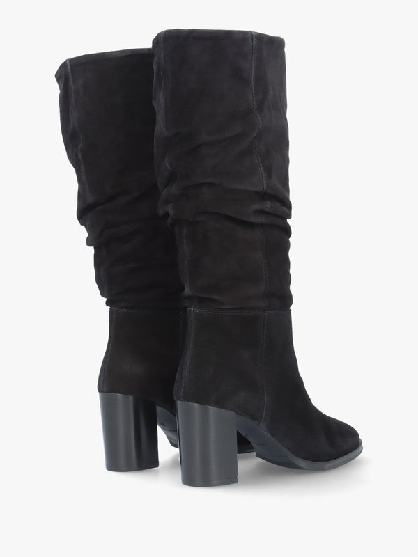 Alysee Black Suede Rouched Block Heel Calf Boots