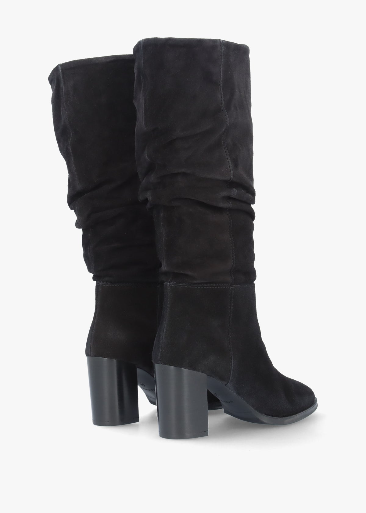 Alysee Black Suede Rouched Block Heel Calf Boots