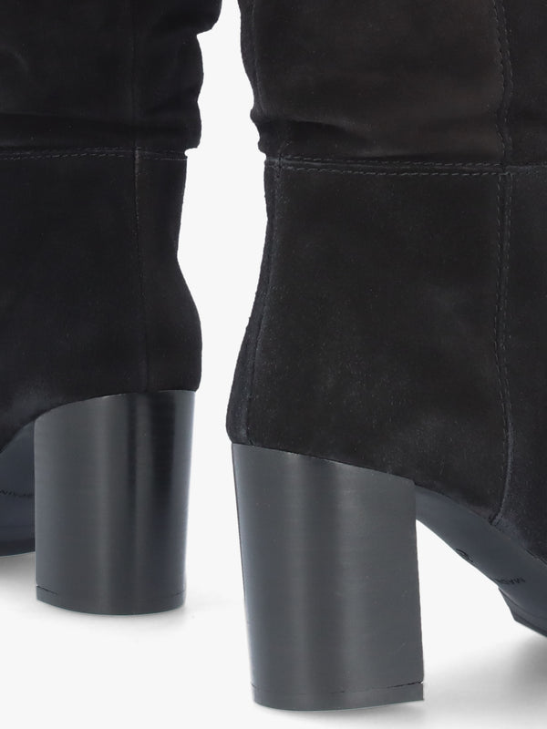 Alysee Black Suede Rouched Block Heel Calf Boots