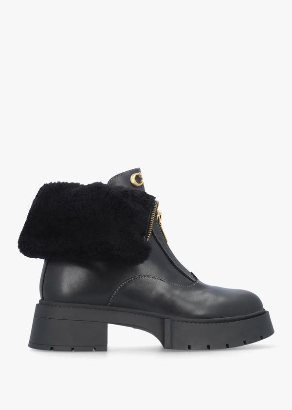 Leah Black Leather Front Zip Platform Boots