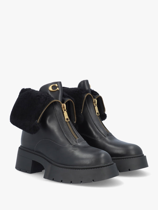 Leah Black Leather Front Zip Platform Boots