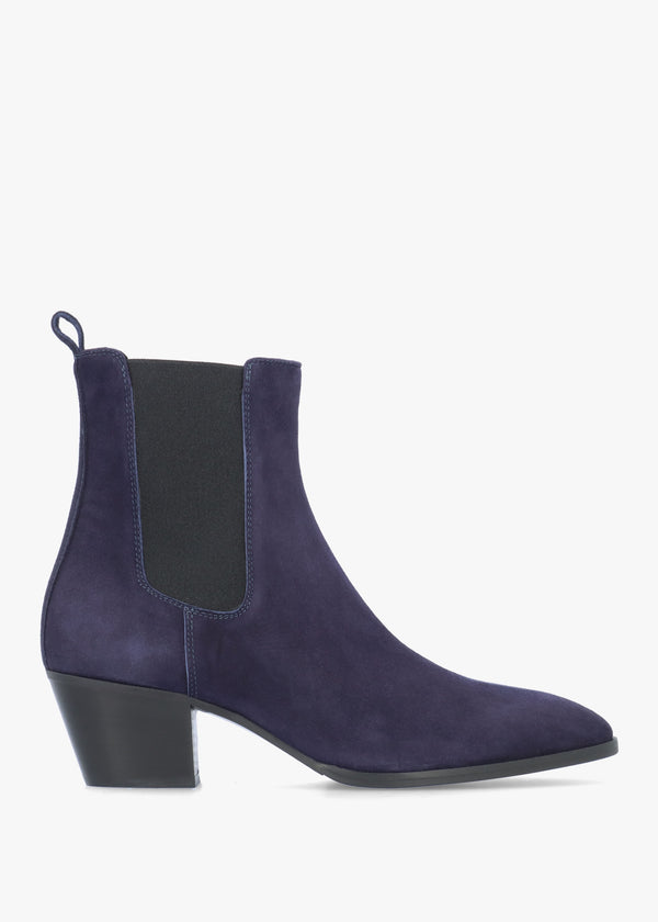 Margot Navy Suede Western Stacked Heel Chelsea Boots
