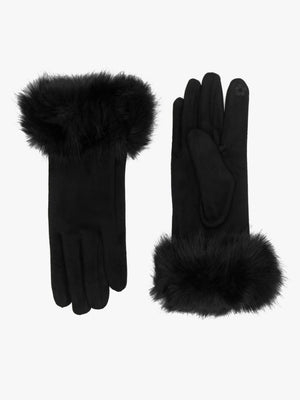 Furry Black Suedette Faux Fur Trim Gloves