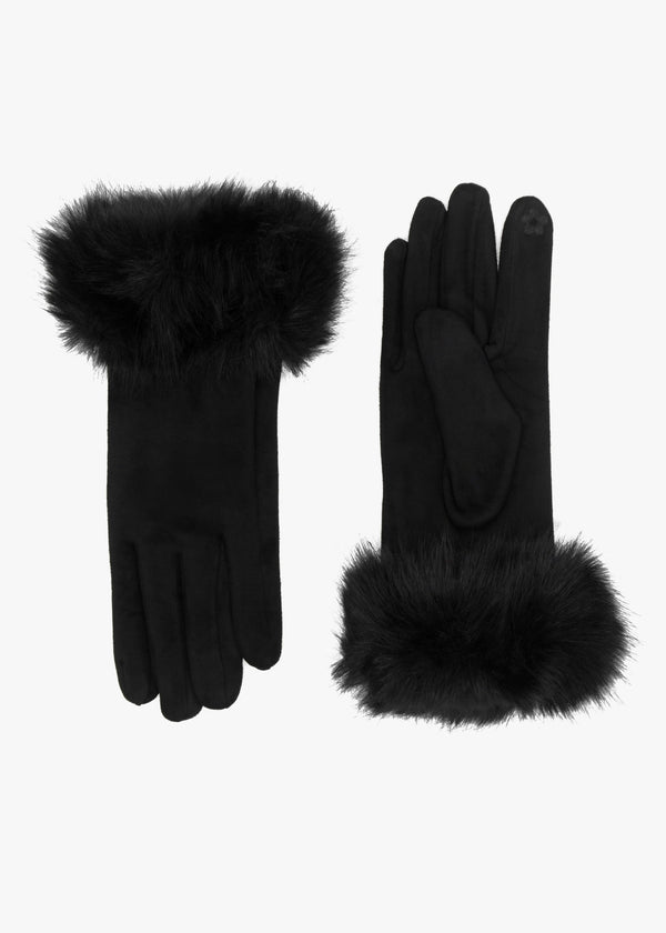 Furry Black Suedette Faux Fur Trim Gloves