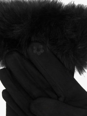 Furry Black Suedette Faux Fur Trim Gloves