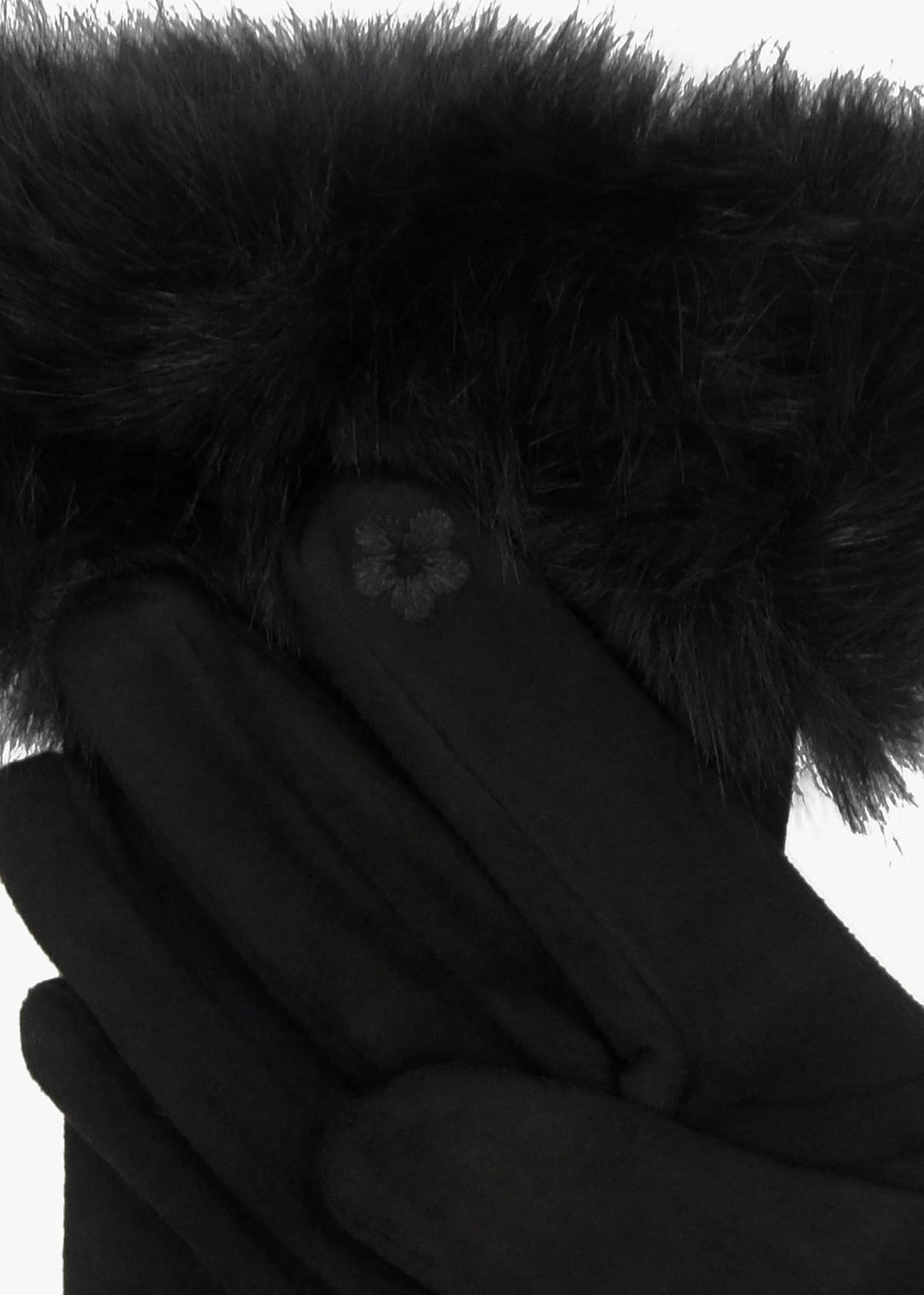 Furry Black Suedette Faux Fur Trim Gloves