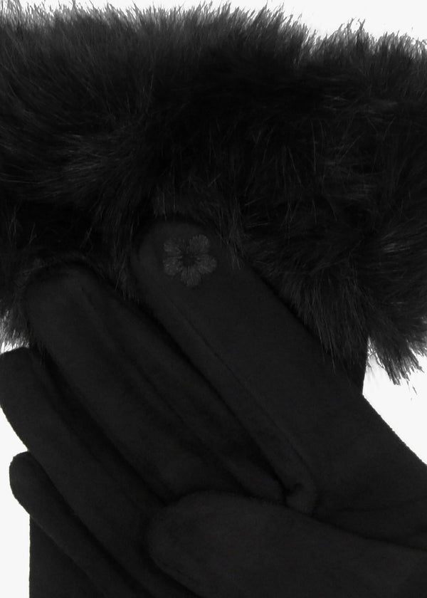 Furry Black Suedette Faux Fur Trim Gloves