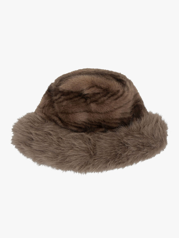 Furry Trim Brown Feather Stripe Faux Fur Bucket Hat