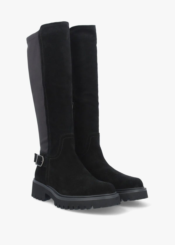 Poppy Black Suede Chunky Knee Boots