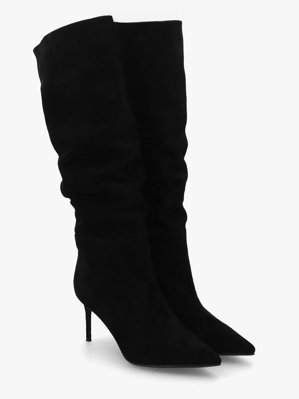 Suched Black Suede Heeled Knee Boots