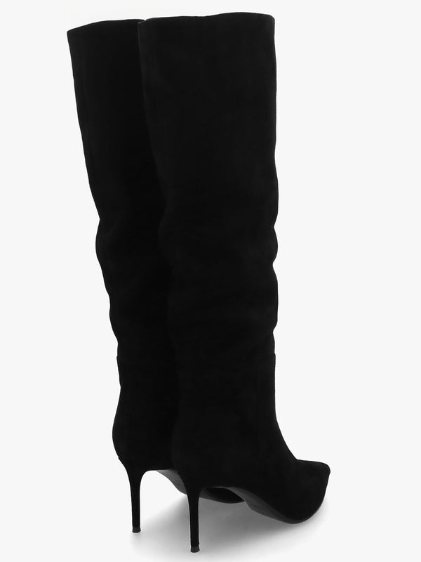 Suched Black Suede Heeled Knee Boots