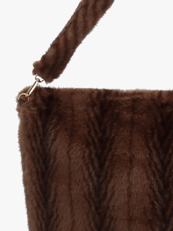 Large Furry Brown Feather Stripe Faux Fur Shoulder Bag