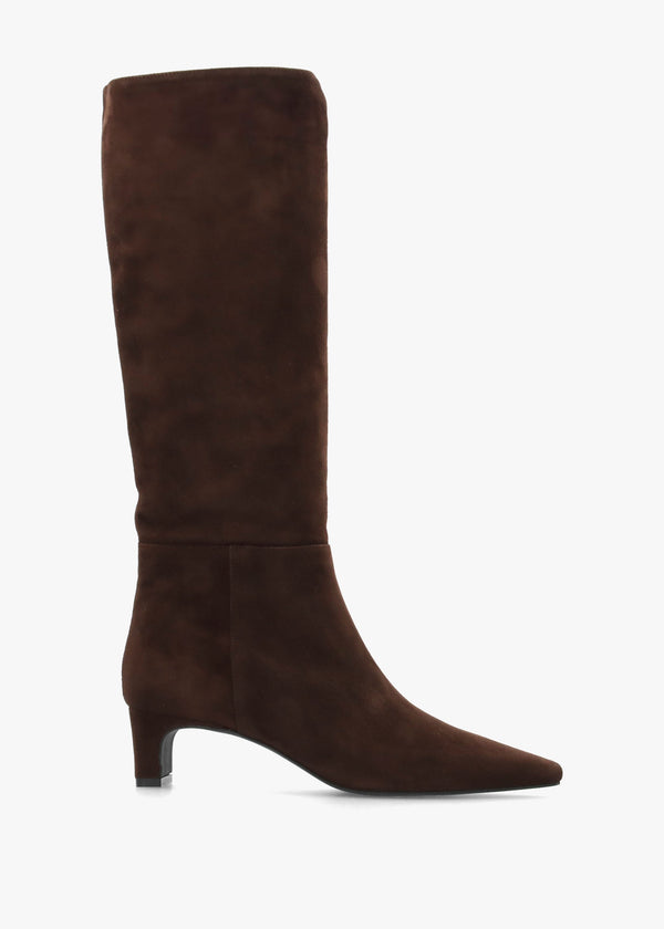 Sedda Brown Suede Low Heel Knee Boots