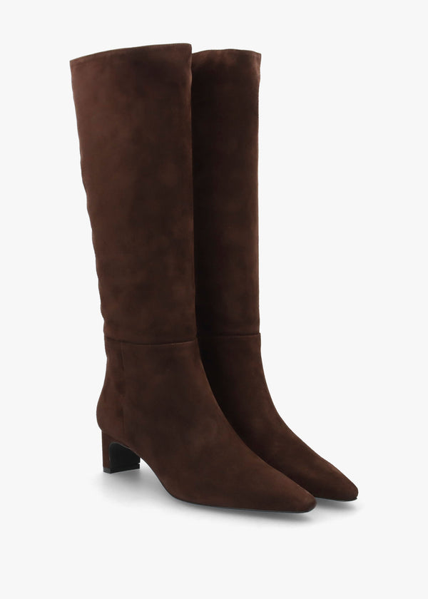 Sedda Brown Suede Low Heel Knee Boots