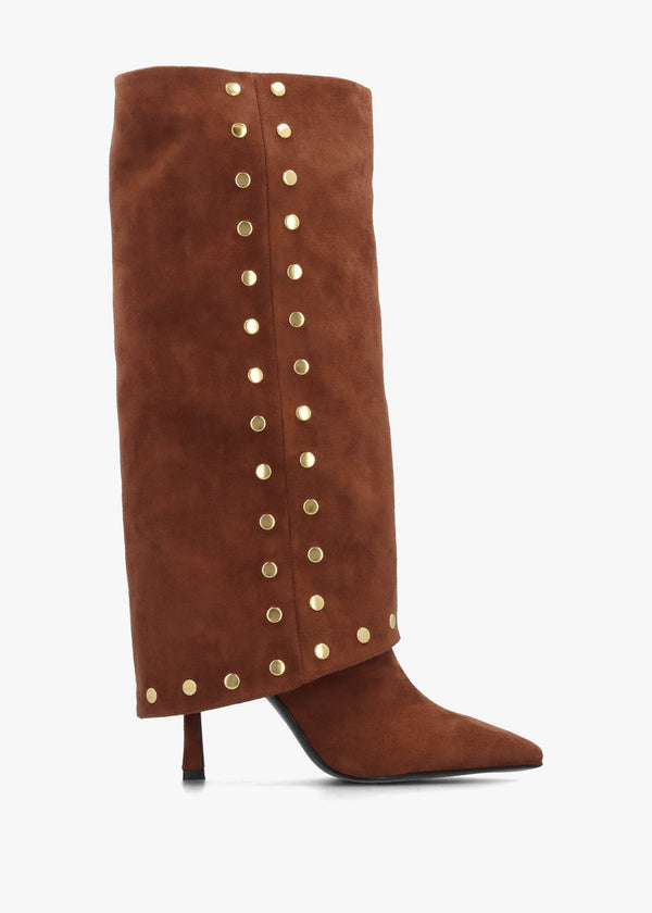 Lootie Tan Fold Over Heeled Knee Boots