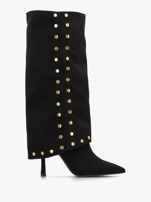 Lootie Black Fold Over Heeled Knee Boots