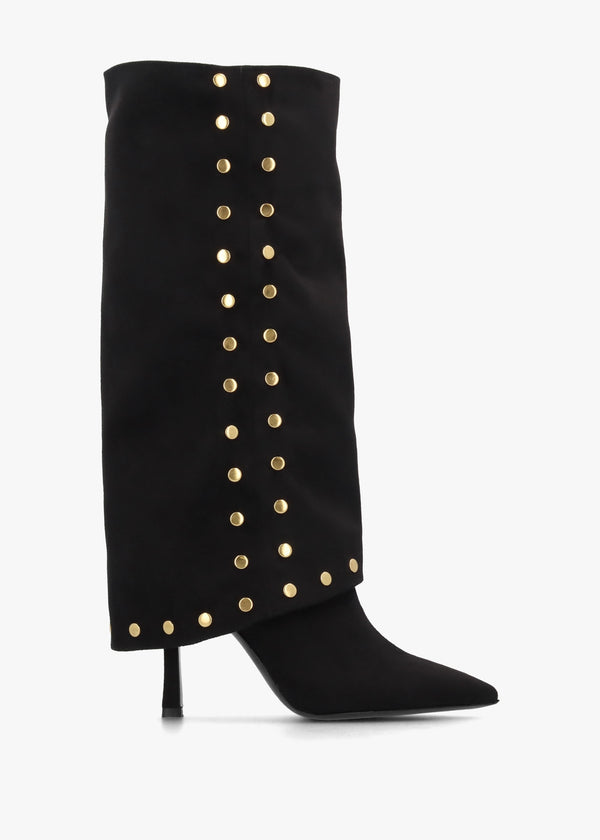 Lootie Black Fold Over Heeled Knee Boots
