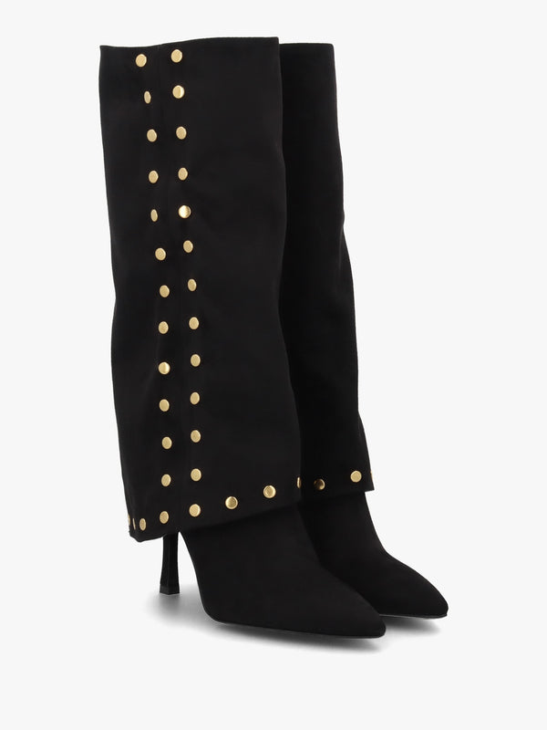 Lootie Black Fold Over Heeled Knee Boots