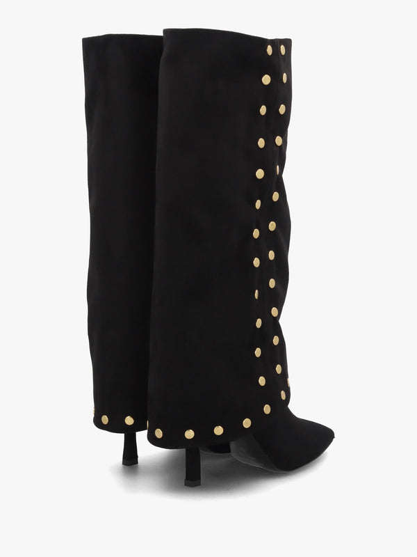 Lootie Black Fold Over Heeled Knee Boots
