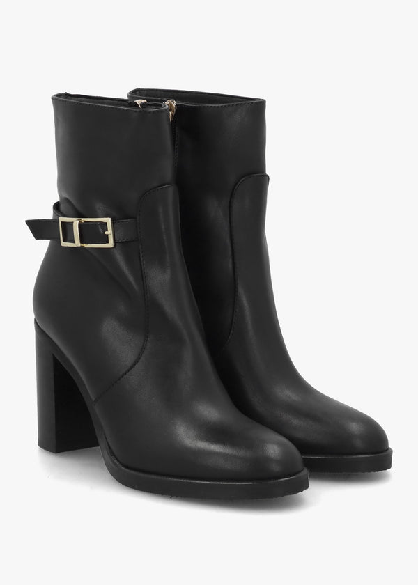 Gia Black Leather Block Heel Ankle Boots