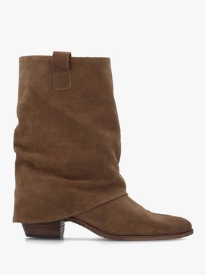 Gertie Taupe Suede Fold Over Stacked Heel Calf Boots