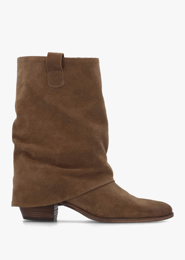 Gertie Taupe Suede Fold Over Stacked Heel Calf Boots