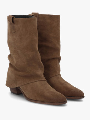 Gertie Taupe Suede Fold Over Stacked Heel Calf Boots