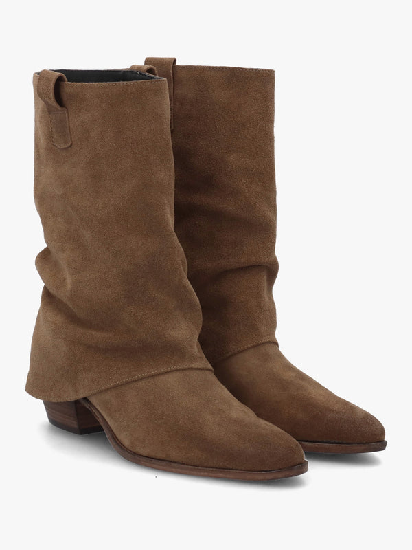 Gertie Taupe Suede Fold Over Stacked Heel Calf Boots