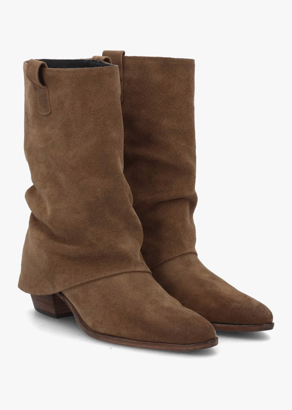 Gertie Taupe Suede Fold Over Stacked Heel Calf Boots