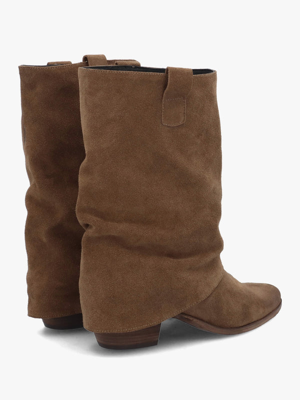 Gertie Taupe Suede Fold Over Stacked Heel Calf Boots