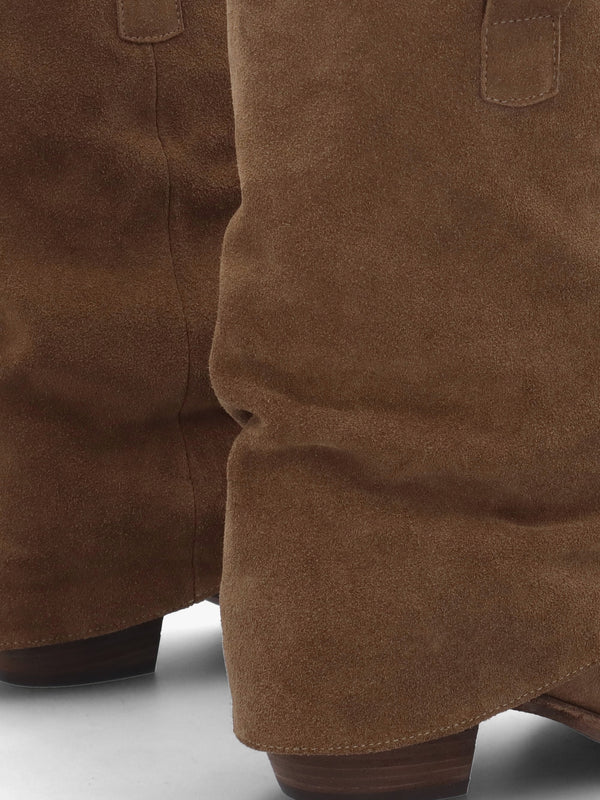 Gertie Taupe Suede Fold Over Stacked Heel Calf Boots