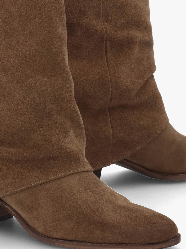 Gertie Taupe Suede Fold Over Stacked Heel Calf Boots